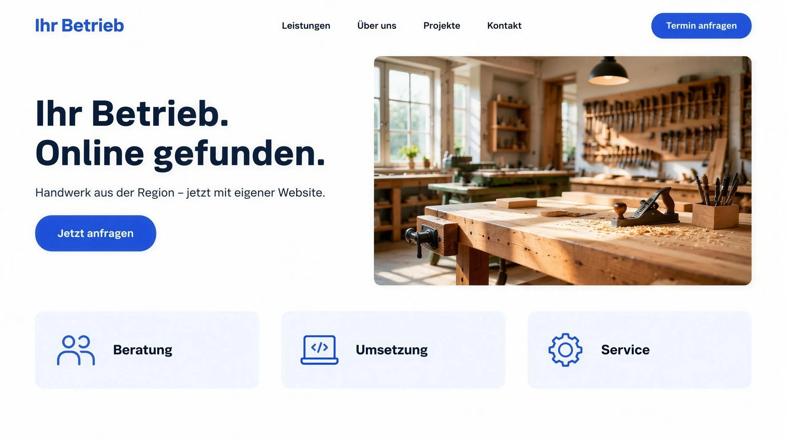 Demo-Website eines Handwerksbetriebs: große Überschrift „Ihr Betrieb. Online gefunden.“, Foto einer Werkstatt, Knopf „Termin anfragen“